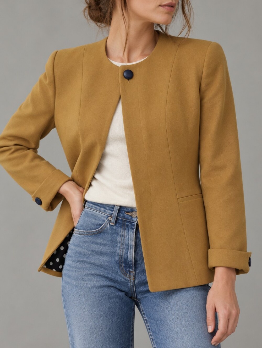 Vintage Christian Dior Mustard Wool Blazer Polka Dot Lining Womens Size 2